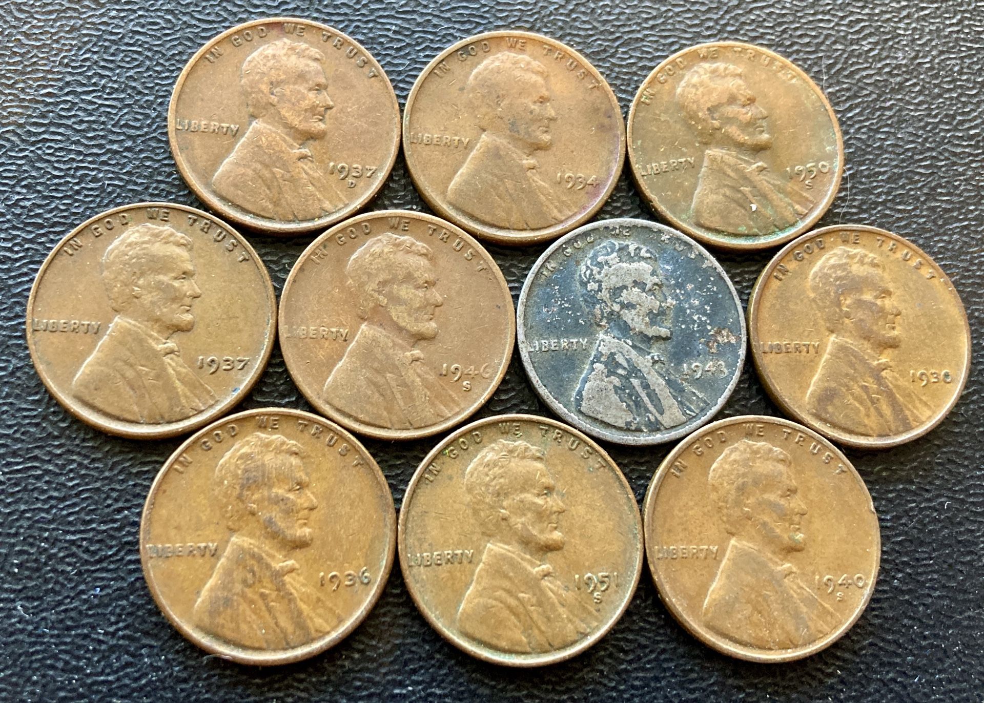 10 Vintage Wheat Cents 1930 To 1949 US Coins Steel 1943 WWII Pennies Penny