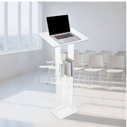 Podium Stand, 50-Inch Acrylic Lectern, Portable Laptop Desk with Wide Reading Surface and Storage Shelf, Book Stopper, Floor-Standing, for Classroom, 