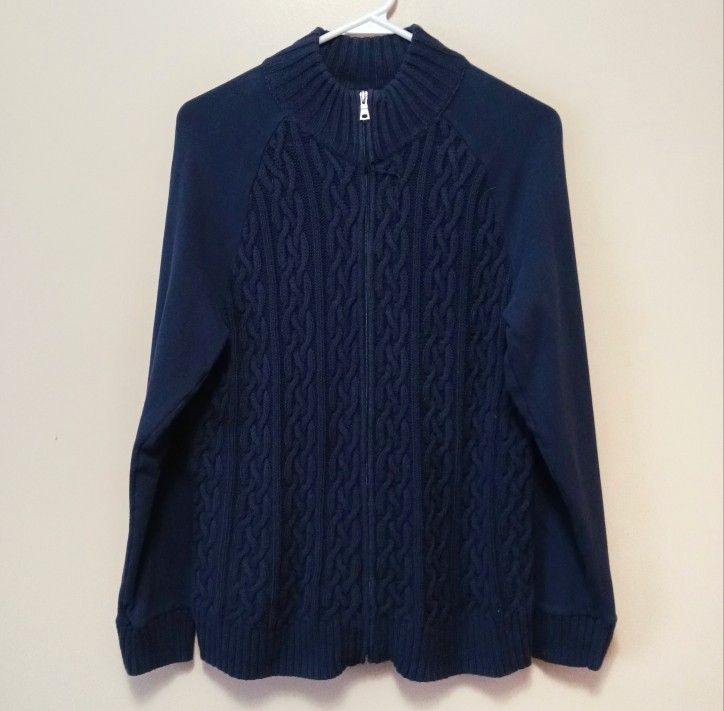 Croft & Barrow navy blue cable knit zip up sweater cardigan size medium