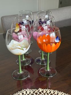 Hand-painted Wine Glass Goblet Set of 8 Painted Flowers Floral