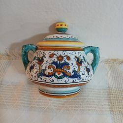 Vintage Deruta Abstract Floral & Leaf Sugar Bowl Italy