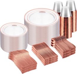 300 PCS Clear Rose Gold Plastic Dinnerware Set Disposable - 50 guest