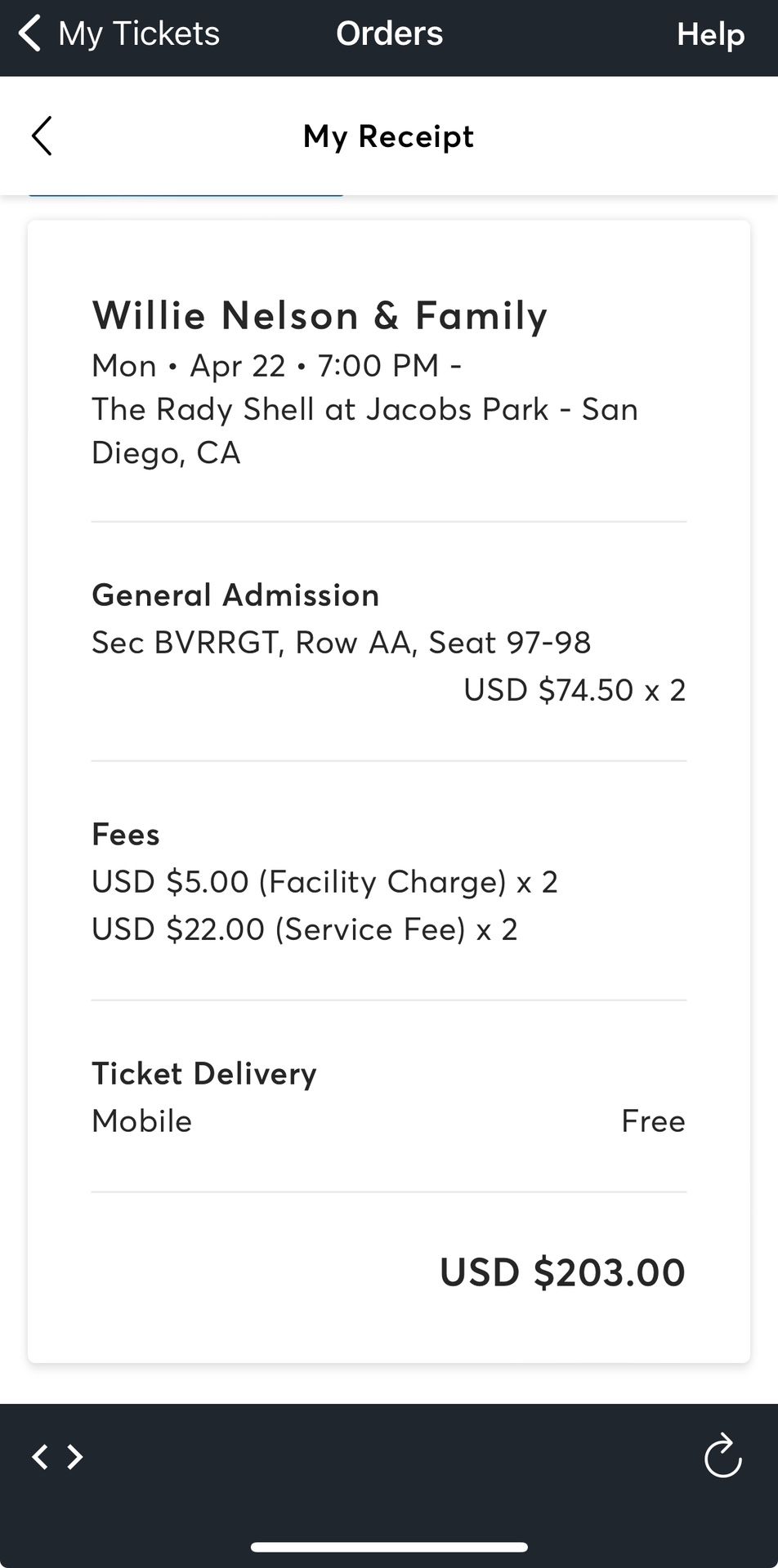 Willie Nelson Concert at The Shell In San Diego 4/22 - 2 Tickets