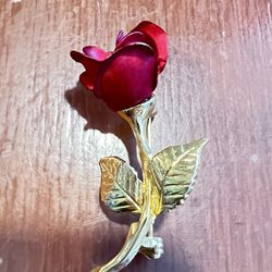 Vintage Giovanni Satin Red Rose Gold tone Brooch Pin