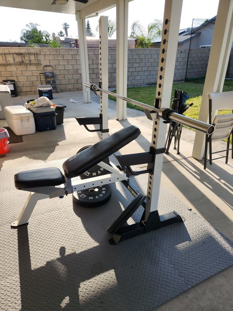 Bench, Olympic Bar And Rubber Weight Plates