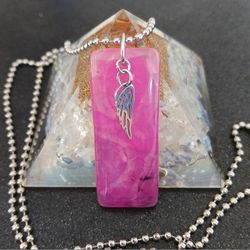 Pink Dragon Vein Agate Bar Angel Wing Pendant On Silver Necklace New Handmade