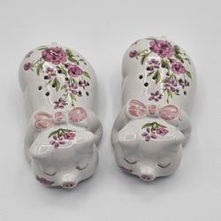 Lot of 2 
Vintage AVON Ceramic Sleeping Pig Figurine Powder Shaker/ Potpourri Holder 