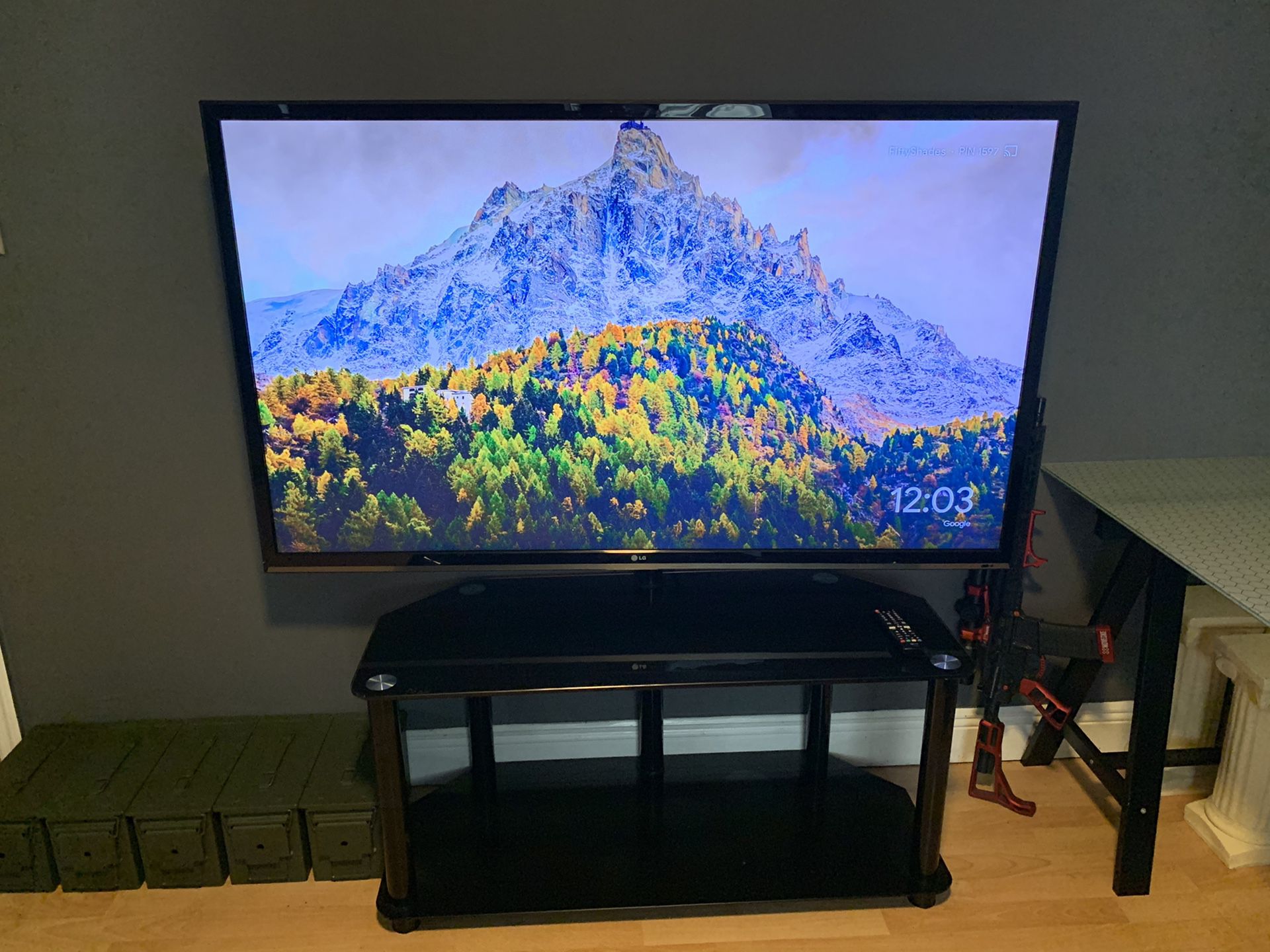 60 inch LG TV with stand and table