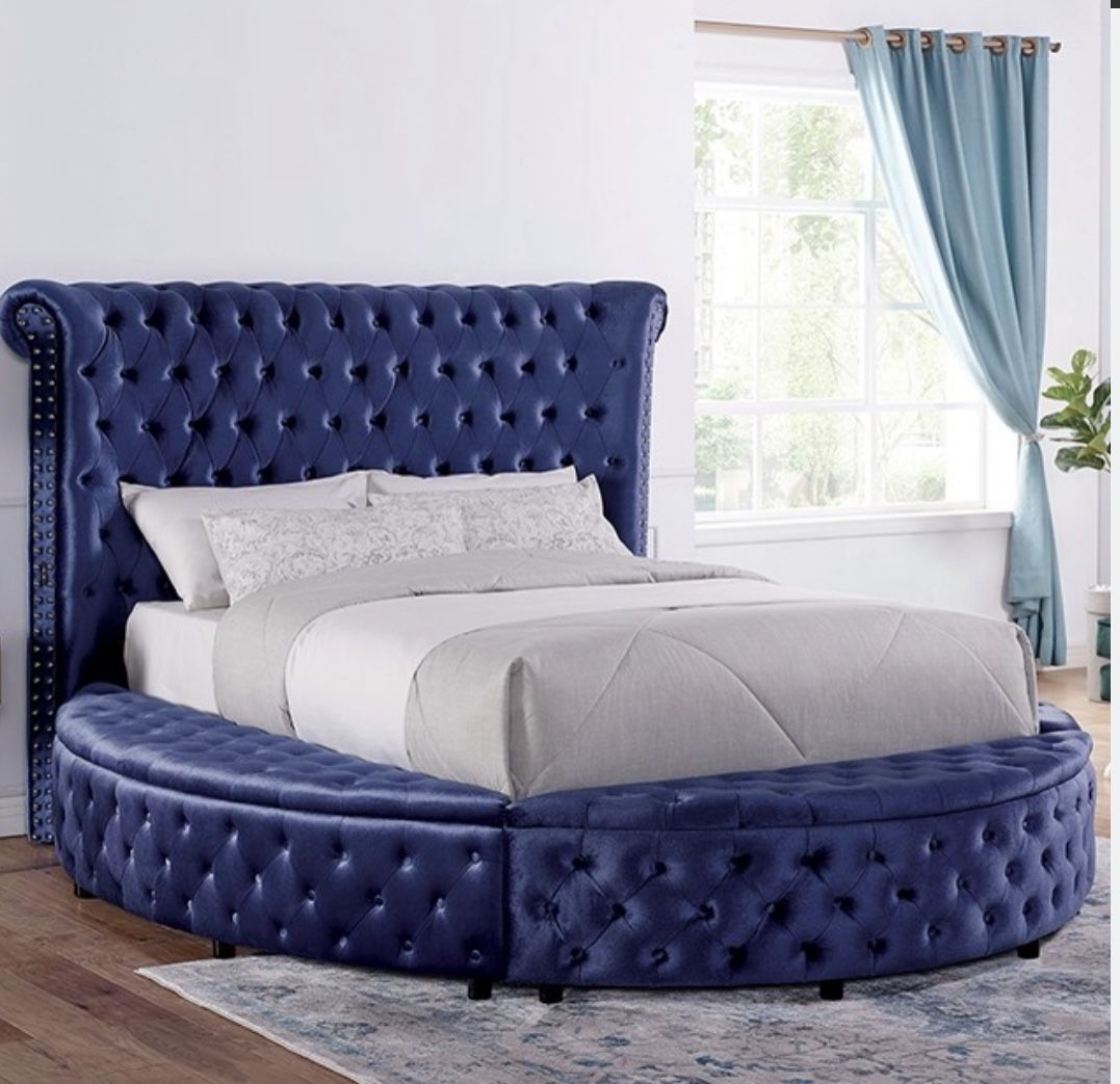 Round Bed Grey Velvet Tufted Storage Bed