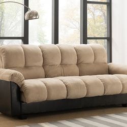 New🔥🔥 BEIGE Fabric Futon Sofa Bed w/ Armrest