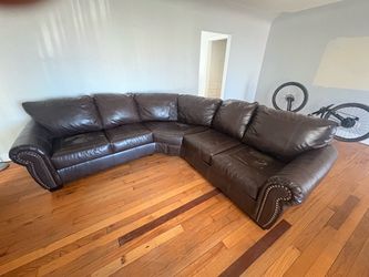 Brown Leather Sectional Sofa with Nailhead Trim