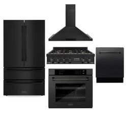 ZLINE Kitchen Package with Refrigeration, 36 in. Black Stainless Steel Gas Rangetop, 36 in. Convertible Vent Range Hood, 30 in. Single Wall Oven, and 