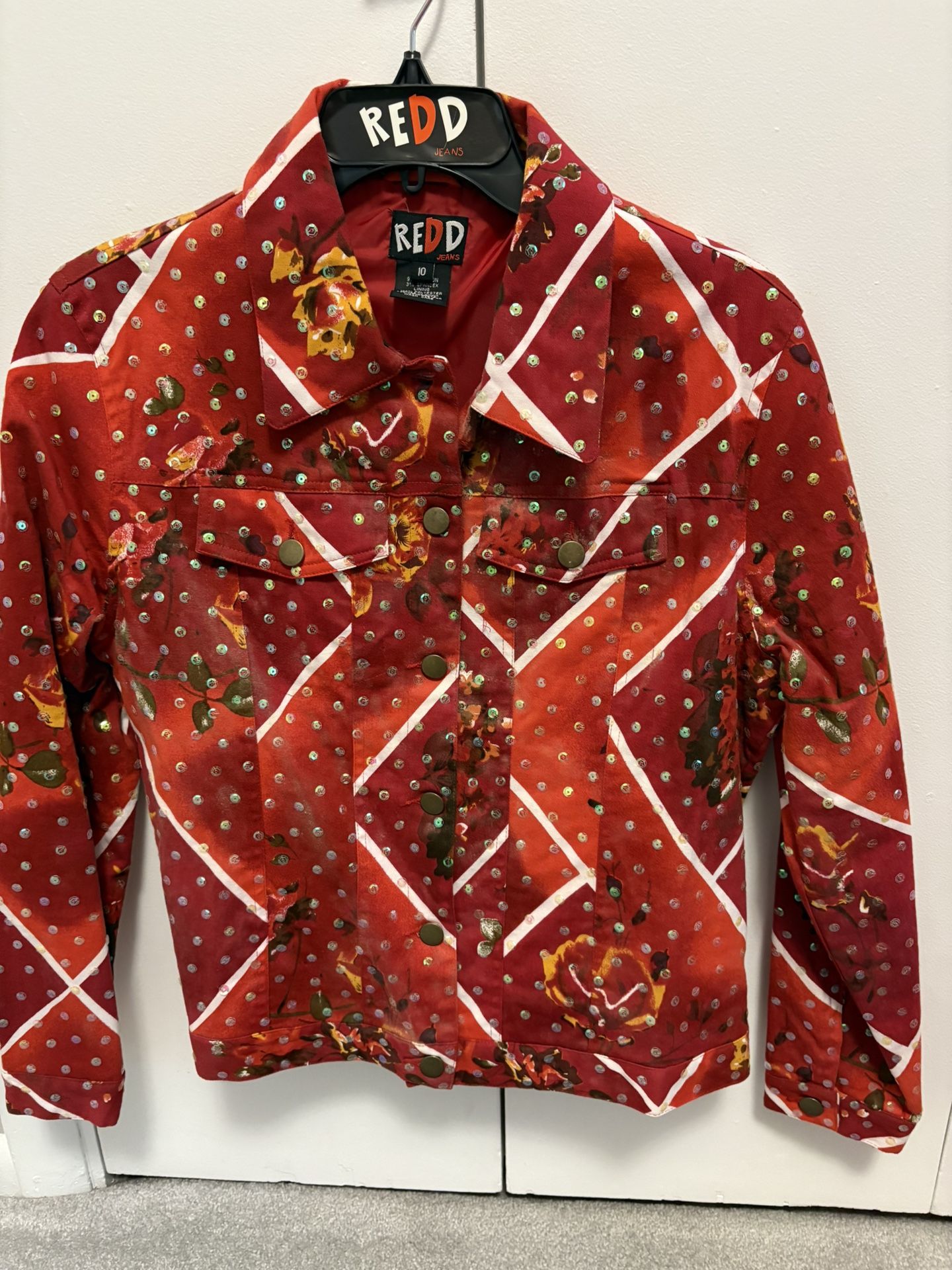 Redd Jeans New Sequin Floral Vintage Denim Jacket SZ 10