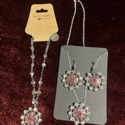 Beautiful Pink Rhinestone Earrings, Bracelet, And Necklace 