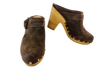 VERONICA BEARD STUDDED WOODEN BUCKLE CLOGS MULE BROWN SUEDE MINT SIZE 11 M