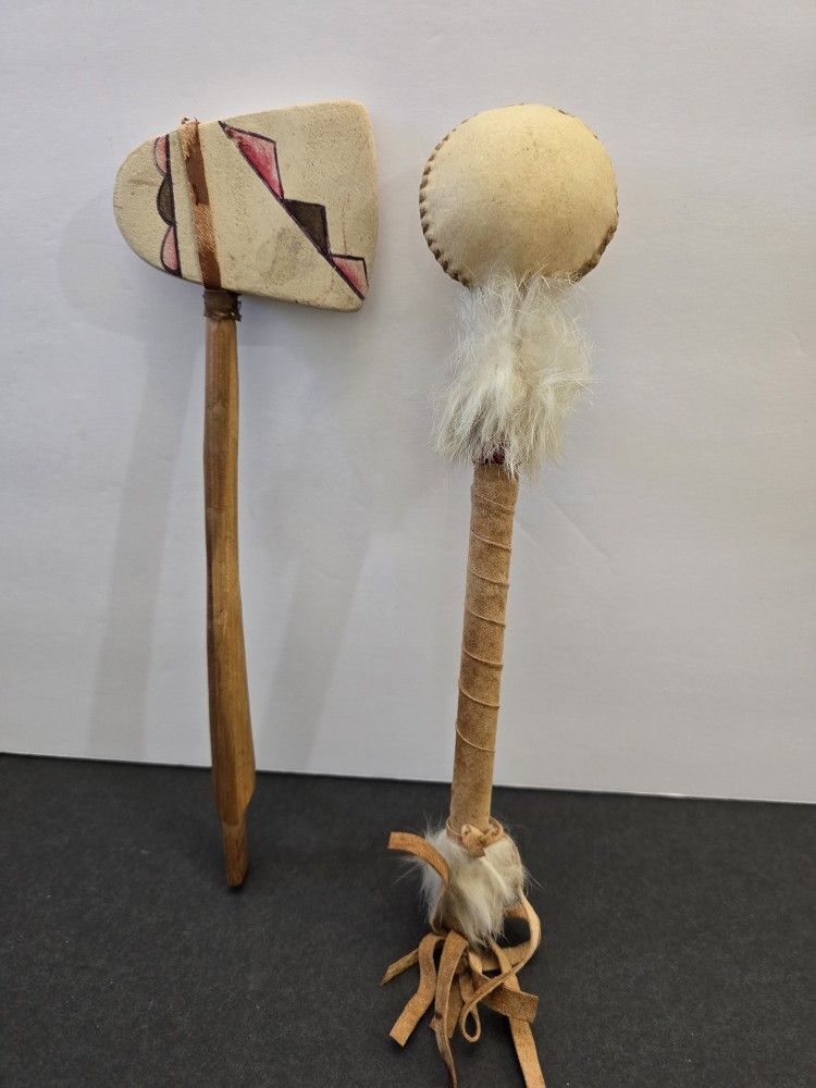 Vintage Native American Hide Rattle And Souvenir Tomahawk