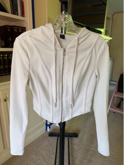 SHEIN white ribbed knit slim-fit cropped zip-up hoodie