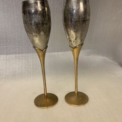 Vintage Pair Brass Wine Champagne Flutes Goblets Made in India 10” Metalwere 