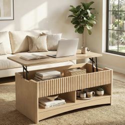 Lift Top Coffee Table with Open & Hidden Storage, Modern Fluted Coffee Table with Smooth Lift Mechanism, Sturdy Space-Saving Center Table for Home Liv