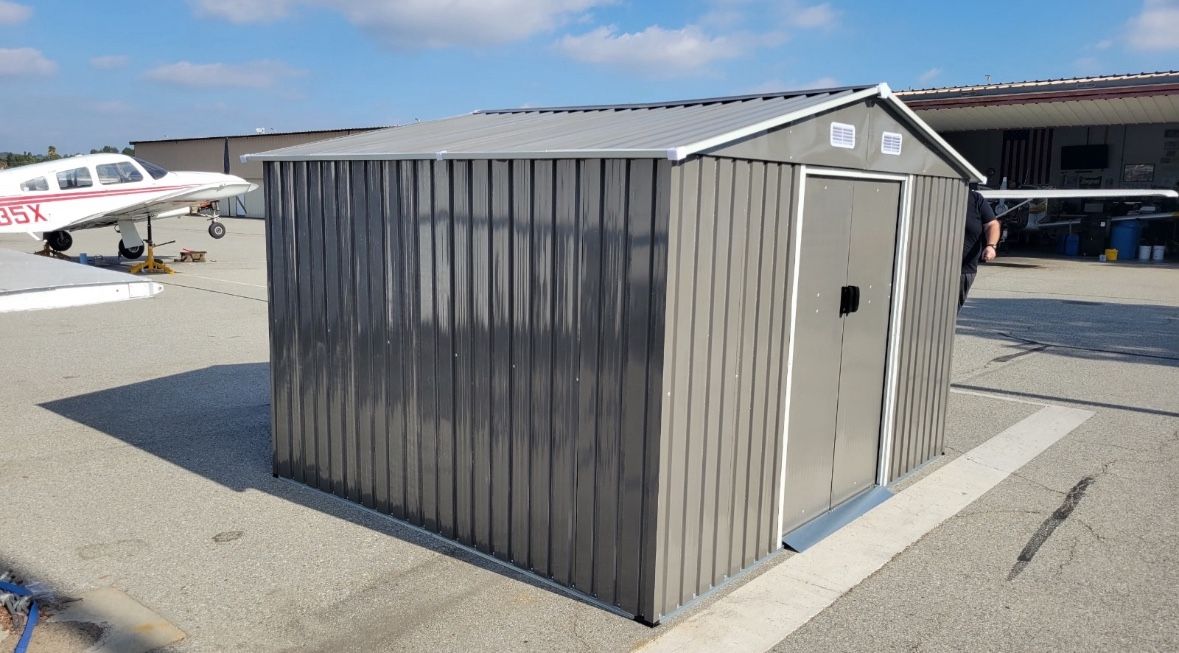 Sales $395!!! (New in box) 8’ L x 10’ W x 6.’ H galvanized steel Metal Storage Shed Outdoor Garden Backyard 8’x10’ Storage.