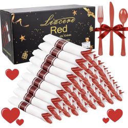 Liacere 400PCS Pre Rolled Red Silverware and Napkin - Disposable Red Plastic Utensils-Wrapped Plastic Cutlery Set with Napkin:100Forks,100Knives,100Sp