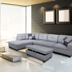New Grey Linen Sectional With Storage Ottoman 