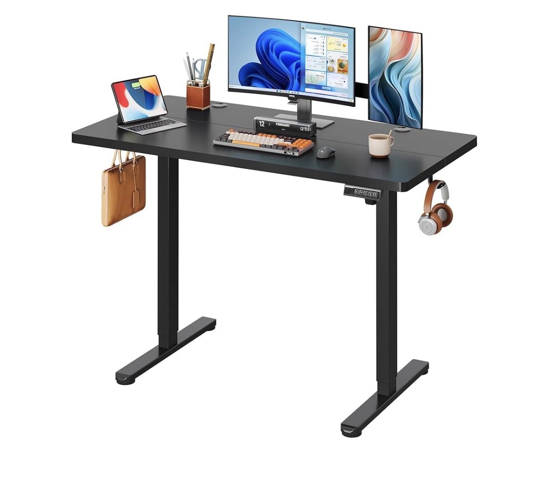 Standing Desk, Desk Chair, Faux Plants, Desk Lamp
