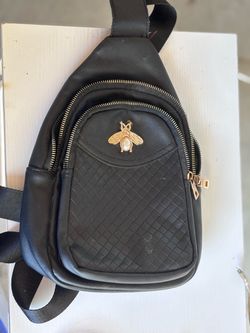 Black Faux Leather Sling Bag with Gold Bee
