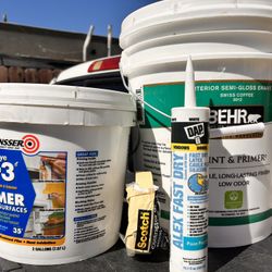 5 Gallon Of Interior Semi Gloss, Swiss Coffee Paint and 2 Gallon primer also 2 Tubes  Caulking + On Roll Off Tape 