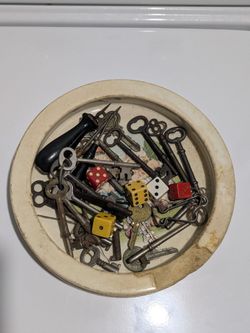 Vintage Buffalo Pottery ceramic tray with Campbell Soup Kids. Stamped. Filled w/skeleton keys & dice