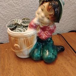 Vintage Little Boy Dreaming By The Flower  Pot 