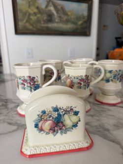 Vintage Avon Sweet Country Harvest Ceramic Mug Set + Holder | Cottagecore Fruit