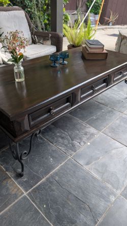 Spanish Revival Coffee Table – Solid Wood + Wrought Iron Scroll Legs – 3 Drawers