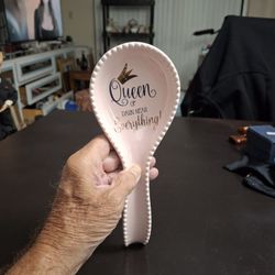 Ceramic Spoon Rest Saying "Queen Of Darn Near Everything! " In Lovely Pink Gold Lettering 10" Long