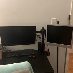 monitor/ dual monitor stand/ keyboard and mouse