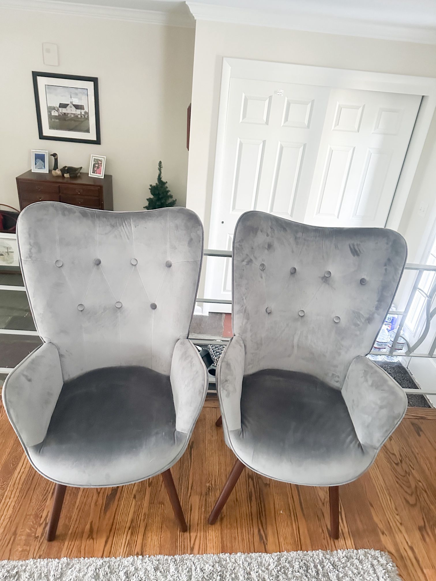 2 Gray Velvet Mid Century Style Upholstered Accent Chairs