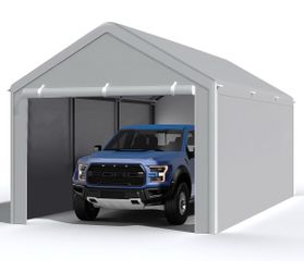 10x20 Carport with Sidewalls, Portable Garage Canopy for Truck Boat Storage 8-leg Galvanized Steel Frame, 1.65in Poles, 200G Waterproof PE Roof, 2 Rem