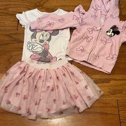 Toddler Girl 4T Clothes Disney Minnie Mouse Pink Set Fleece Jacket T-shirt Skirt