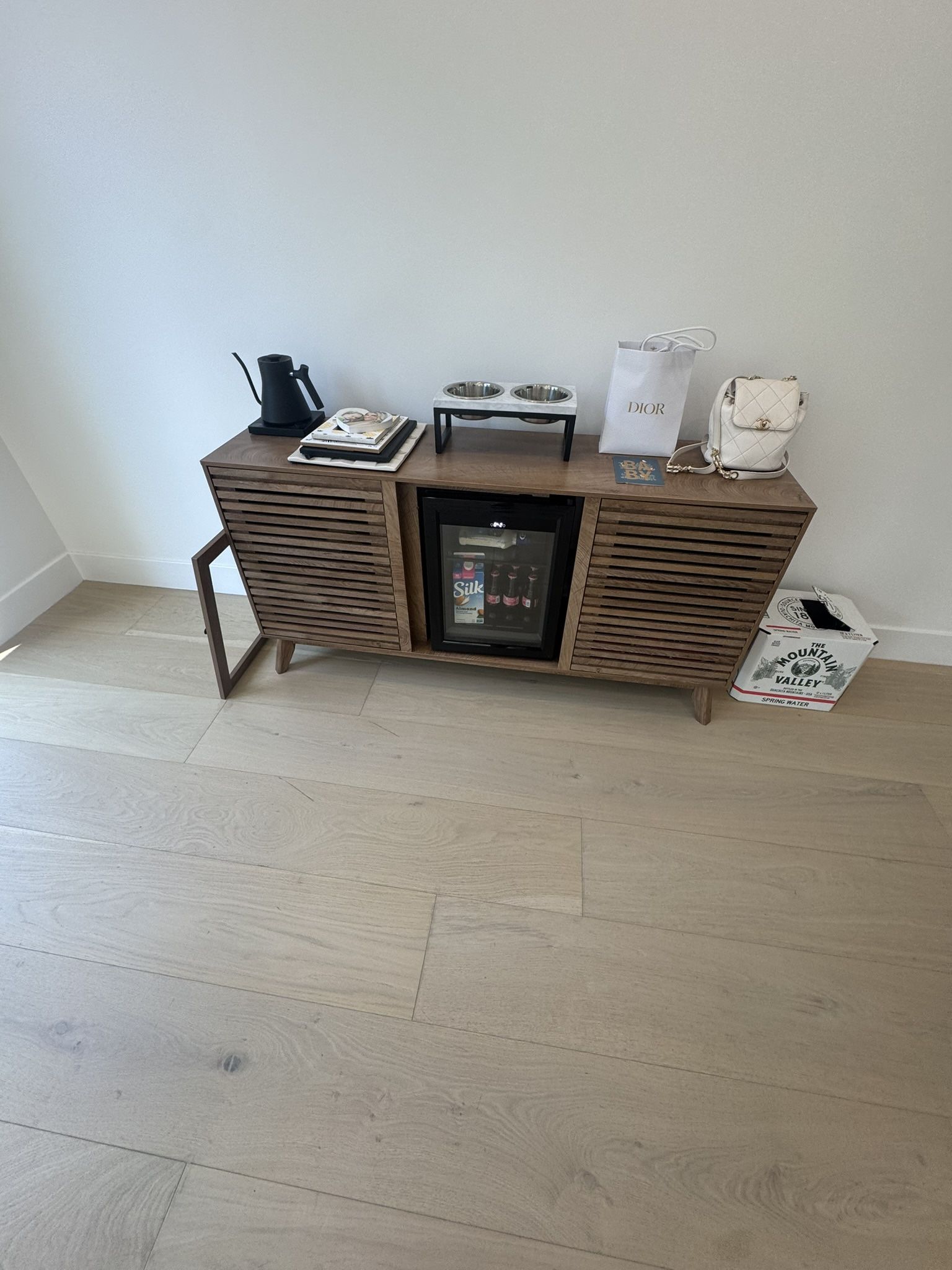 Console table with Mini Fridge 