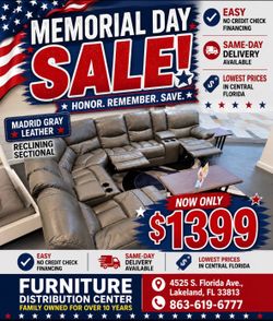 Memorial Day sale. Madrid gray leather reclining sectional only $1399. Easy finance option. Same-day delivery.