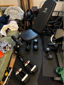 Adjustable dumbbells Power Block. & Marcy bench.View the comment below.