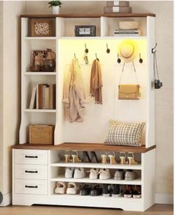 Tree with Bench and Storage, Wood Entryway Coat Rack, Rustic White