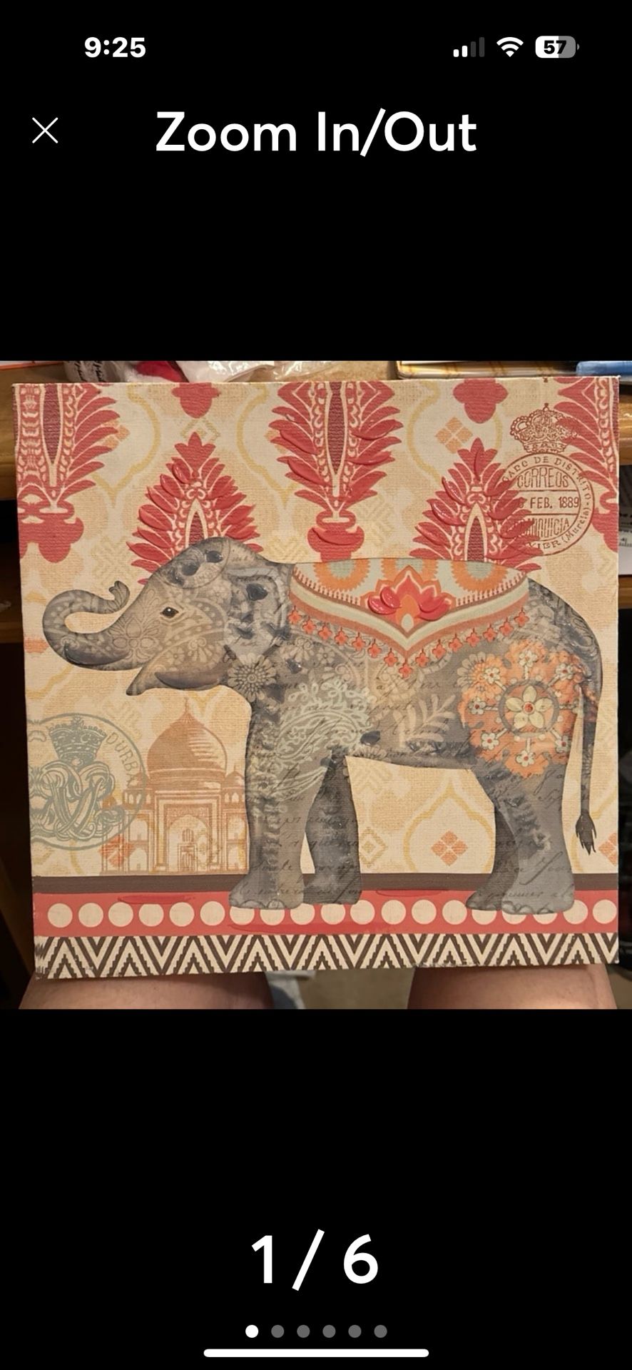 Boho Paisley Elephant Print on Canvas 12" X12" x 11/2", Excellent condition