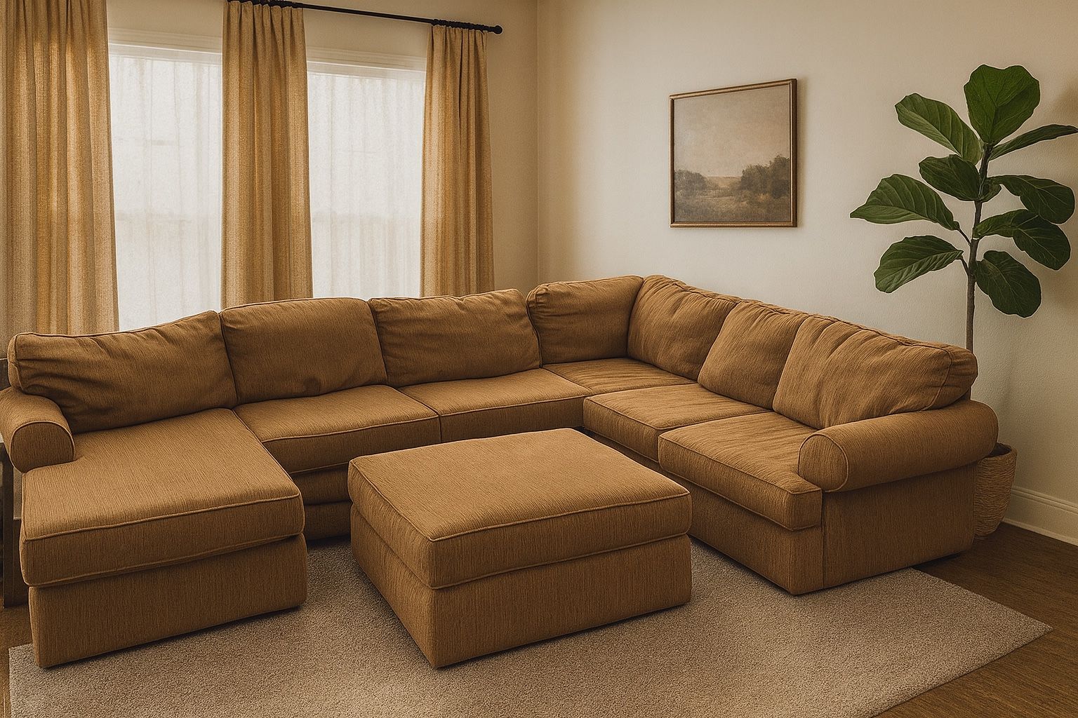 Oversized Cordorouy Sectional Sofa w/ Chaise & Ottoman – Large Brown Couch Set – Deep Seats