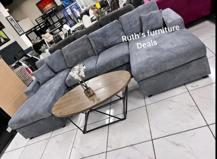 Living Room Set 2pc Sectional Sofa Dark Gray Corduroy New In Box