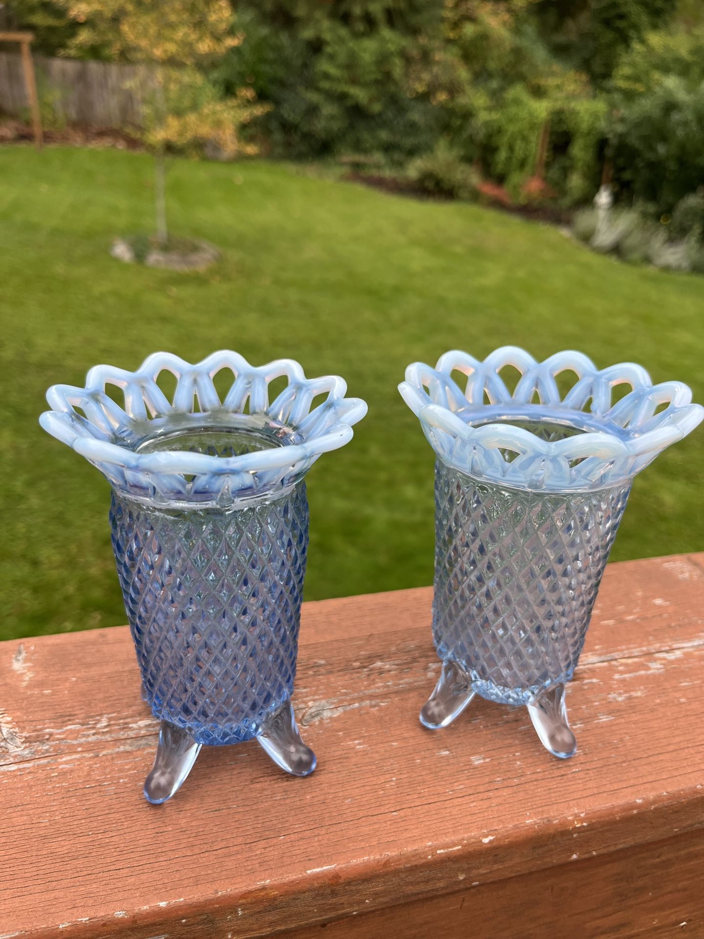 Antique Fenton Katy Blue Diamond Point Opalescent Lattice Rim Vases