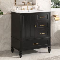 30 Inch Bathroom Vanity with Sink 1 Door 3 Drawers Solid Wood Legs MDF Black