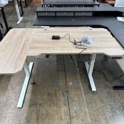 Adjustable Height L-Shaped Electric 59 Inch Sit-Stand Computer Desk with 3 Splice Boards, Lockable Casters-Ideal for Home Office, 59Inch, Oak (damage)