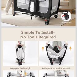 Kinder King 4 in 1 Portable Pack and Play, Baby Playard w/Bassinet, Large Playpen for Infant and Toddler, Newborn Changing Table, Adjustable Canopy, S