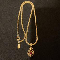 18” Gold Tone Thick Necklace With Gold Pendant With Ruby Rhinestone, By AMERICA SHOWCASE 